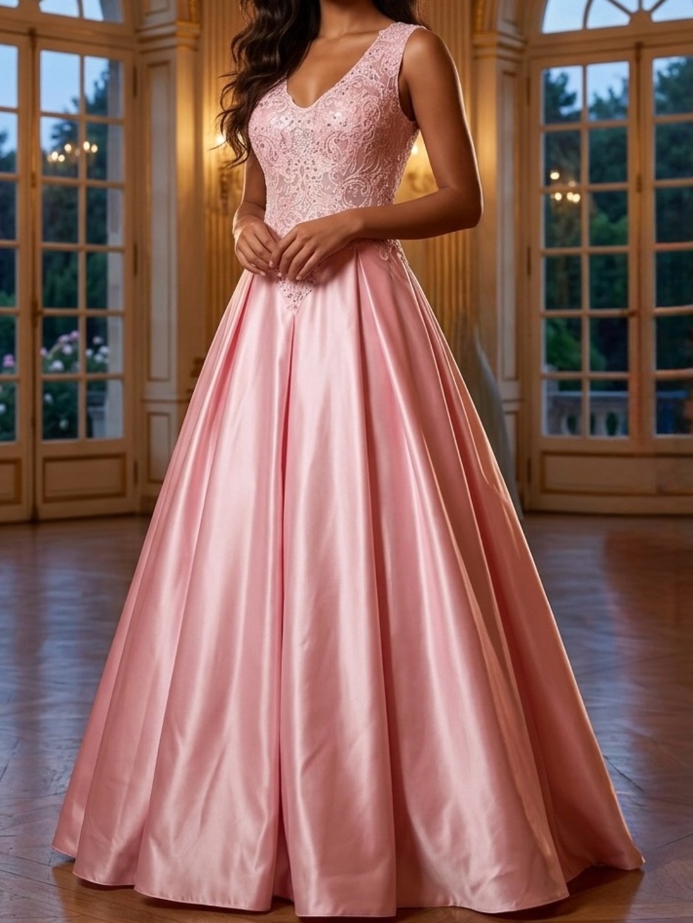 JJs House Satin & Lace V-Neck Pink Prom Ball Gown size 12 NWT